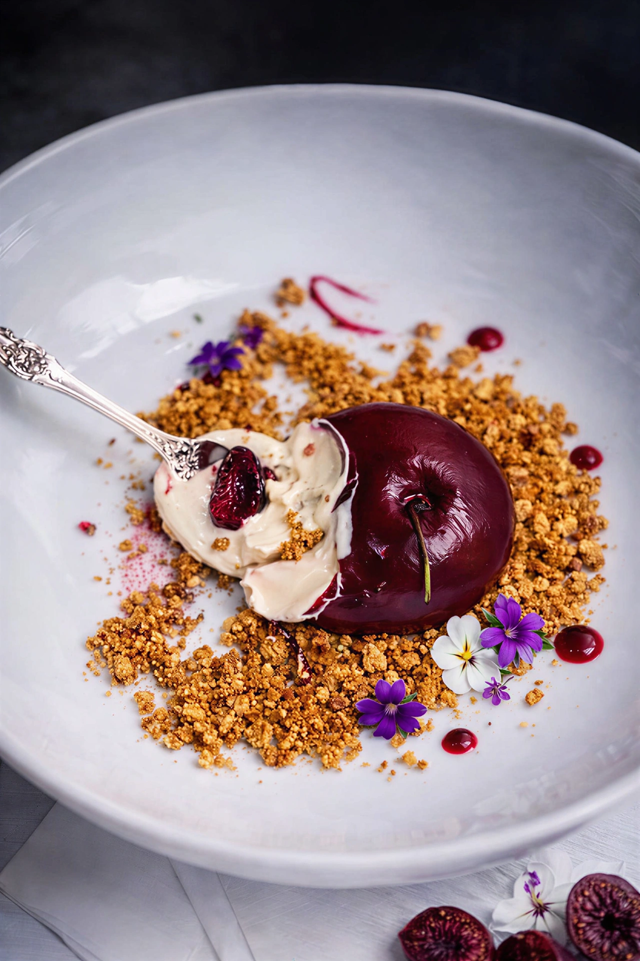 Red wine poached pear with crumble and edible flowers